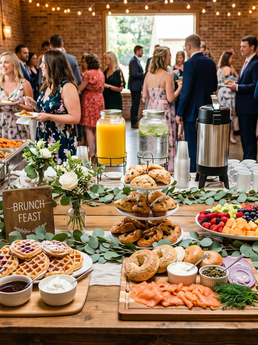 Buffet table with 'BRUNCH BAR' sign, food, and guests