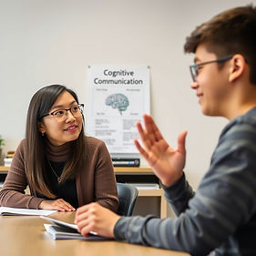 asian speech and language therapist working on communication skills with teenager. There i