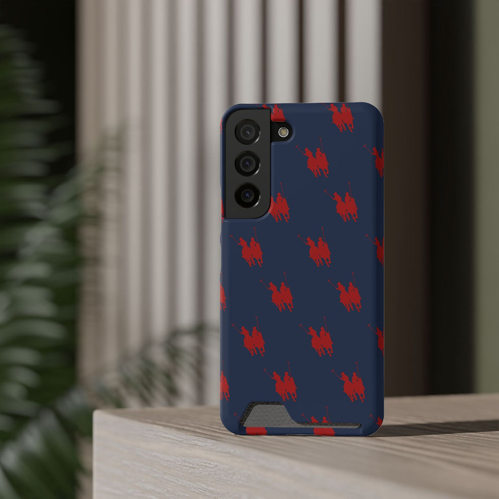 Thumbnail: Card Holder Phone Case — Navy Blue with Red Polo Player Pattern