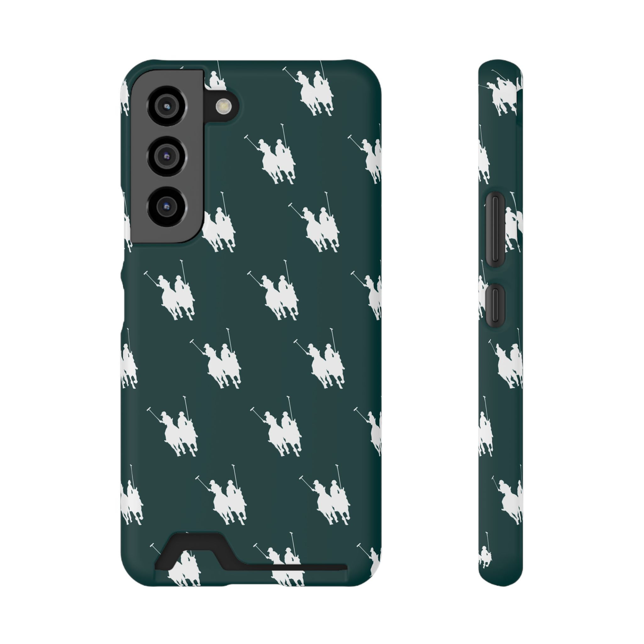 Card Holder Phone Case — Dark Green with White Polo Player Pattern
