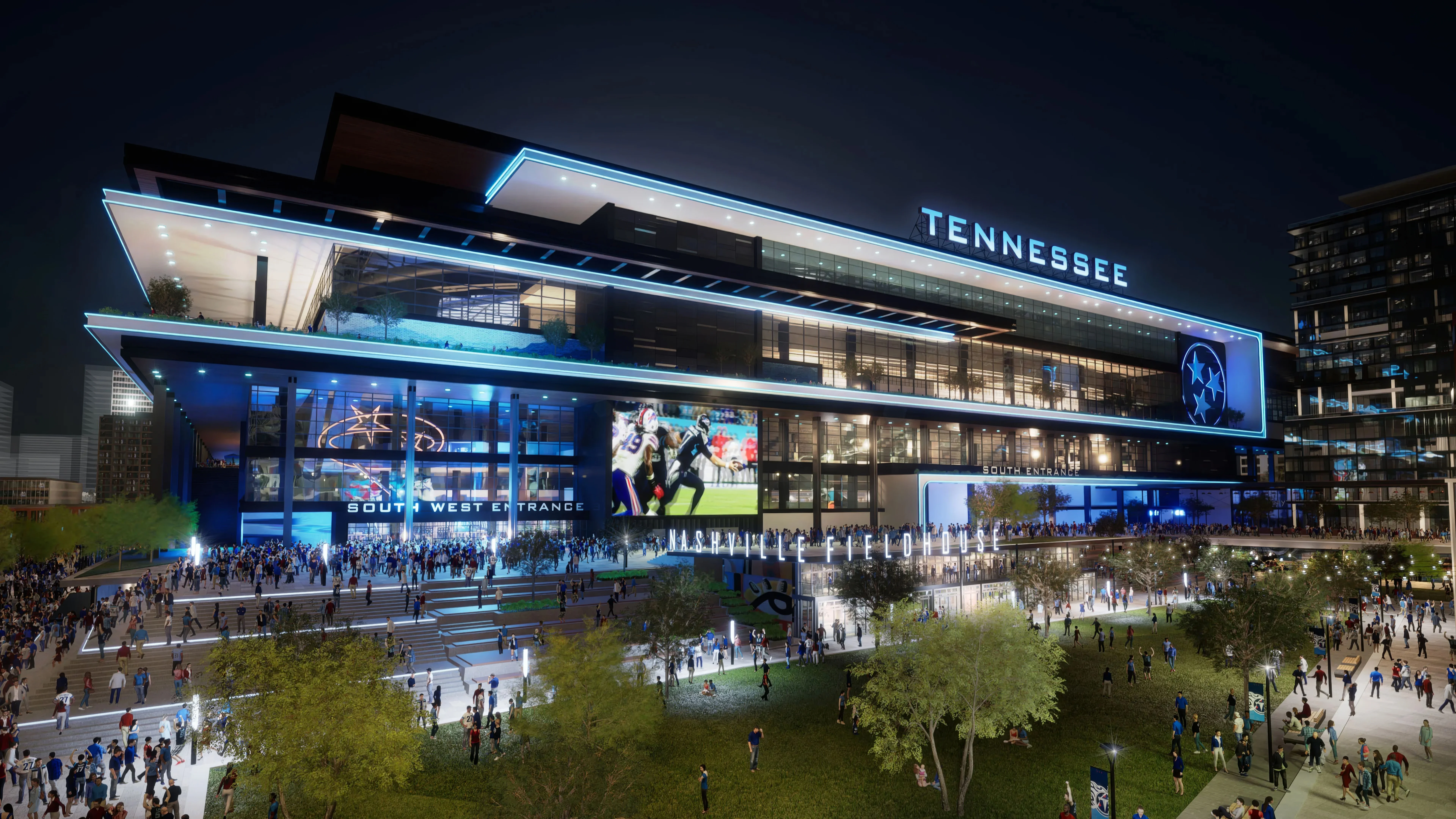 Tennessee Titans break ground on the new $2.1 billion Nissan Stadium, featuring the country’s largest rooftop bar, with expected completion scheduled for 2027