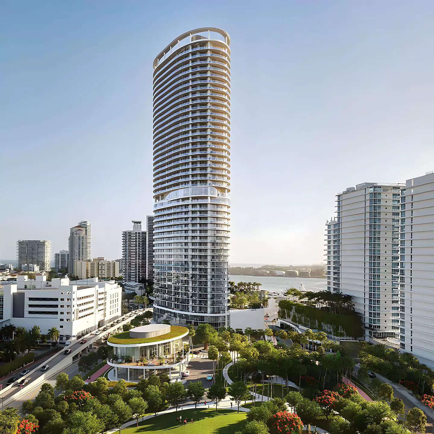 Five Park is a pre-construction condominium building in Miami Beach, designed by Arquitectonica and developed by Terra Group and GFO Investments with interiors by Gabellini Sheppard. The tower will be Miami Beach's tallest building, rising 48 stories high at 518 feet, and will offer 98 fully finished condo residences with private elevators, open floor plans, and high-end finishes. 2024 completion.