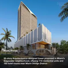 35-story Arquitectonica-designed tower proposed in Miami’s Edgewater neighborhood, offering 110 residential units and 160 hotel rooms near Miami Design District