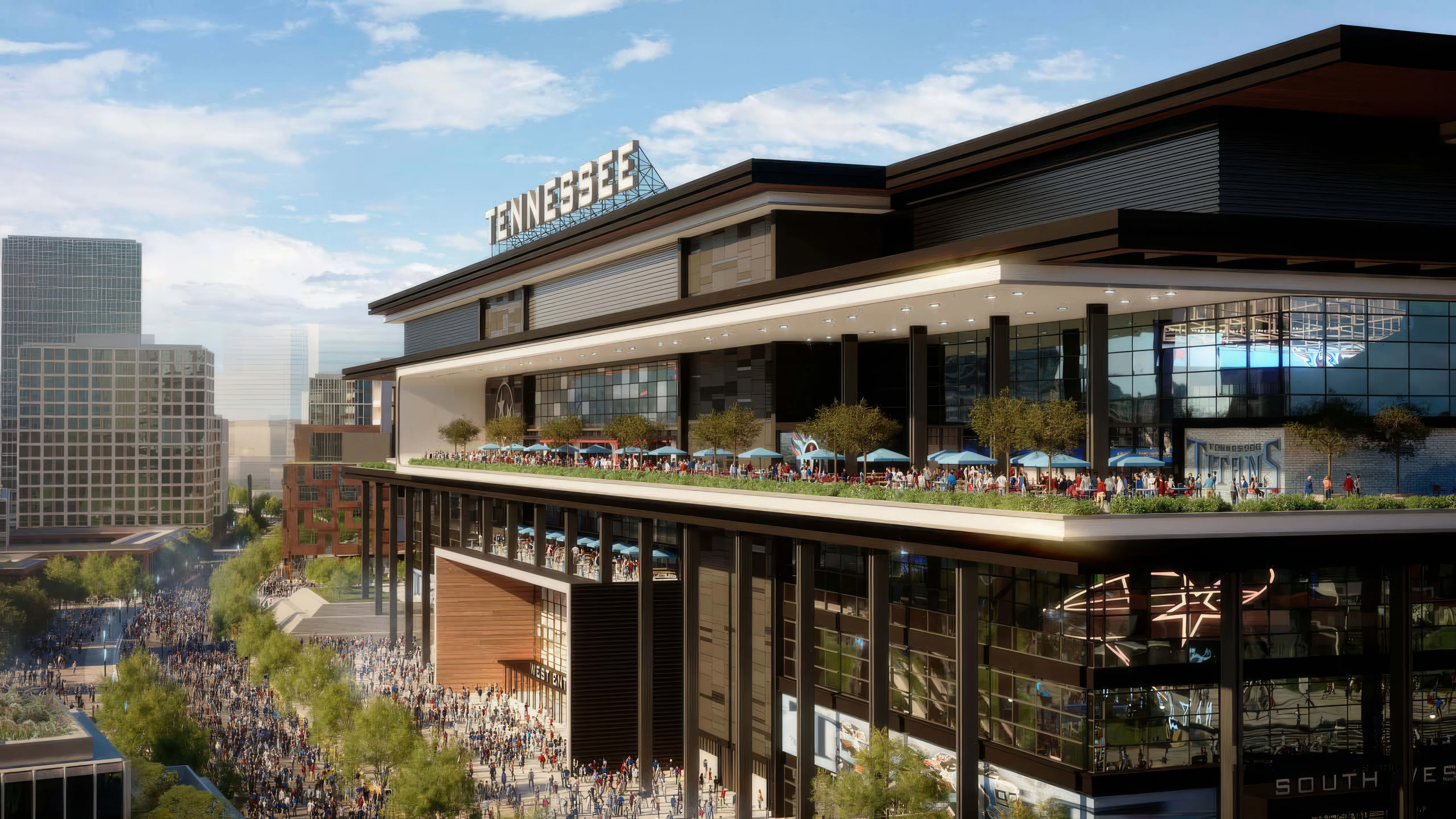 Tennessee Titans break ground on the new $2.1 billion Nissan Stadium, featuring the country’s largest rooftop bar, with expected completion scheduled for 2027
