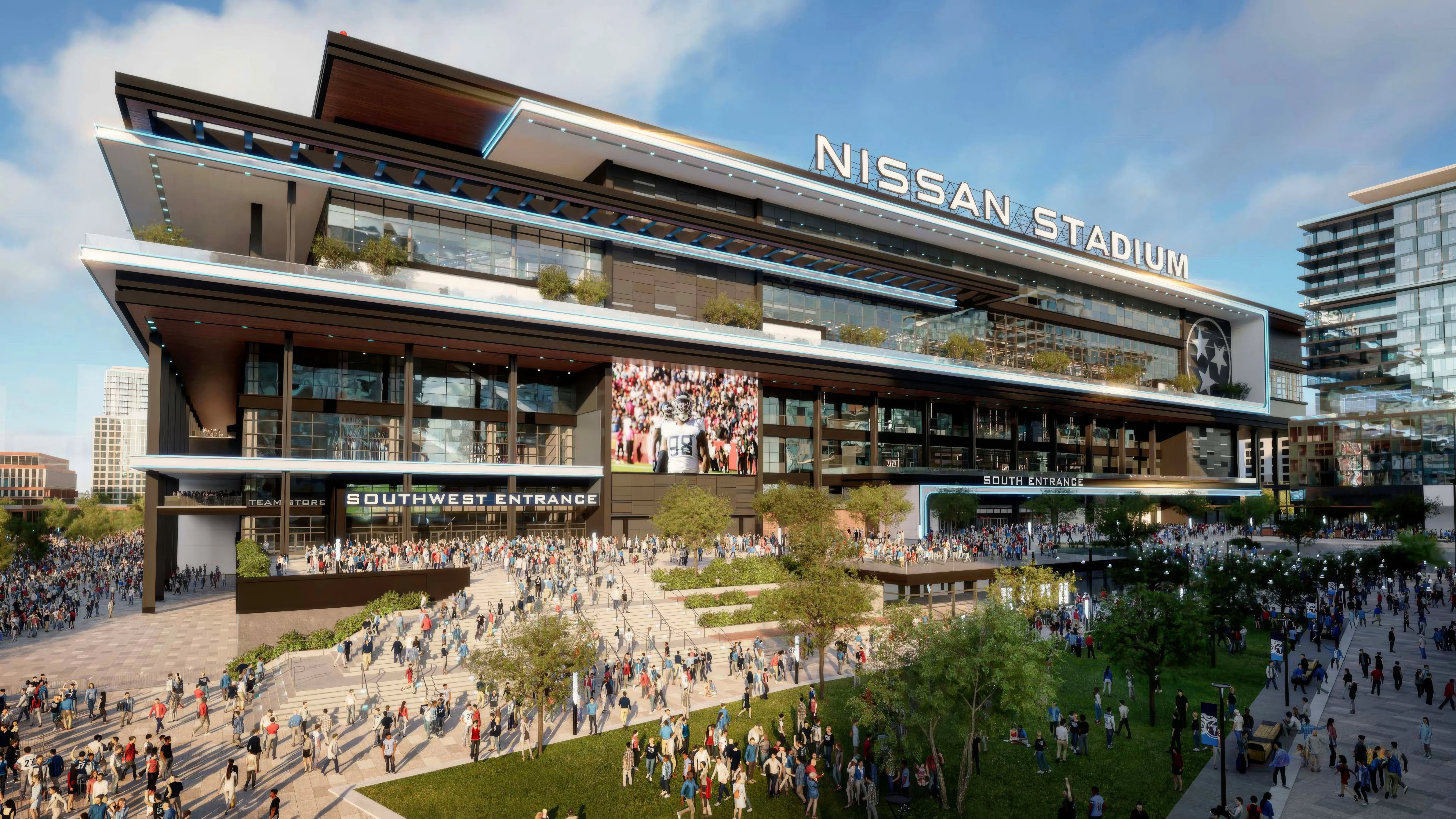 Tennessee Titans break ground on the new $2.1 billion Nissan Stadium, featuring the country’s largest rooftop bar, with expected completion scheduled for 2027
