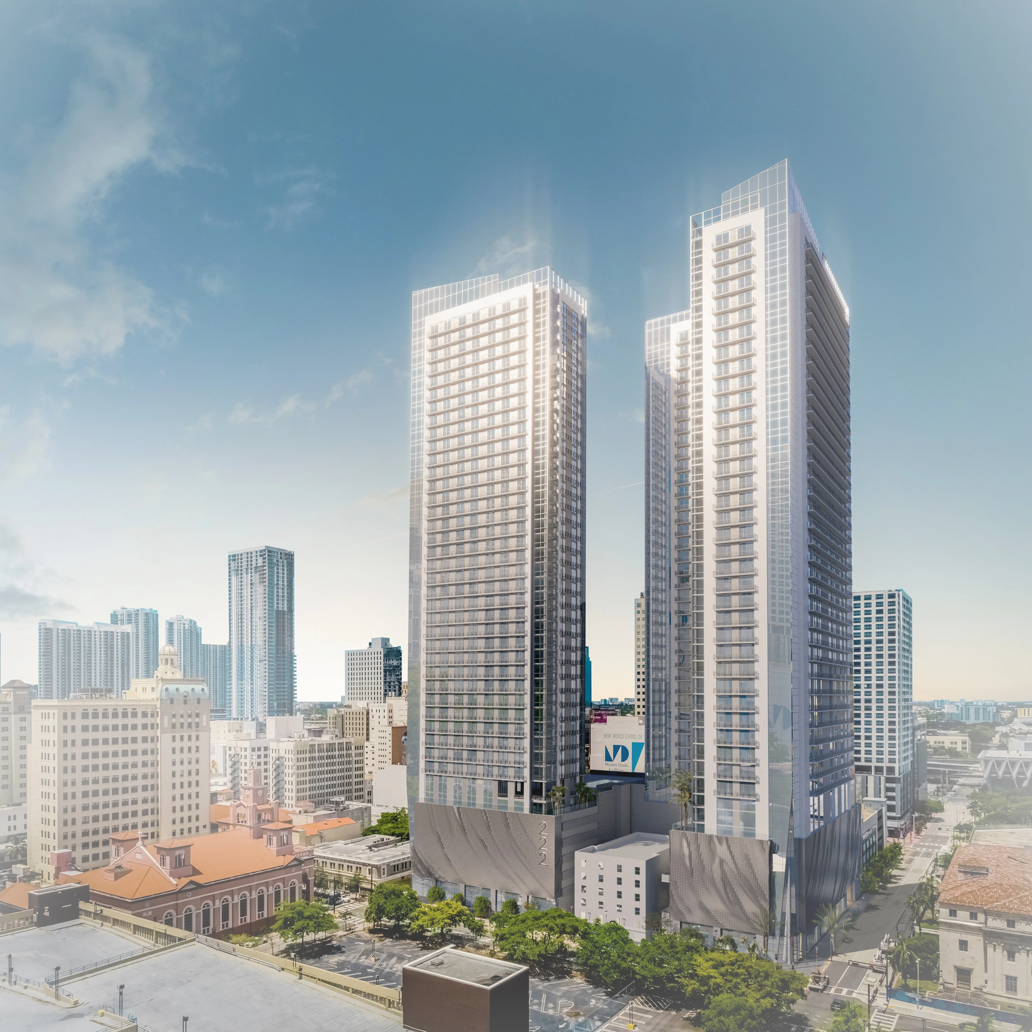 Two 43-story towers, referred to as 222 Namdar Towers, begin construction in Downtown Miami, spanning over1.3 million square feet with 1,394 residential units