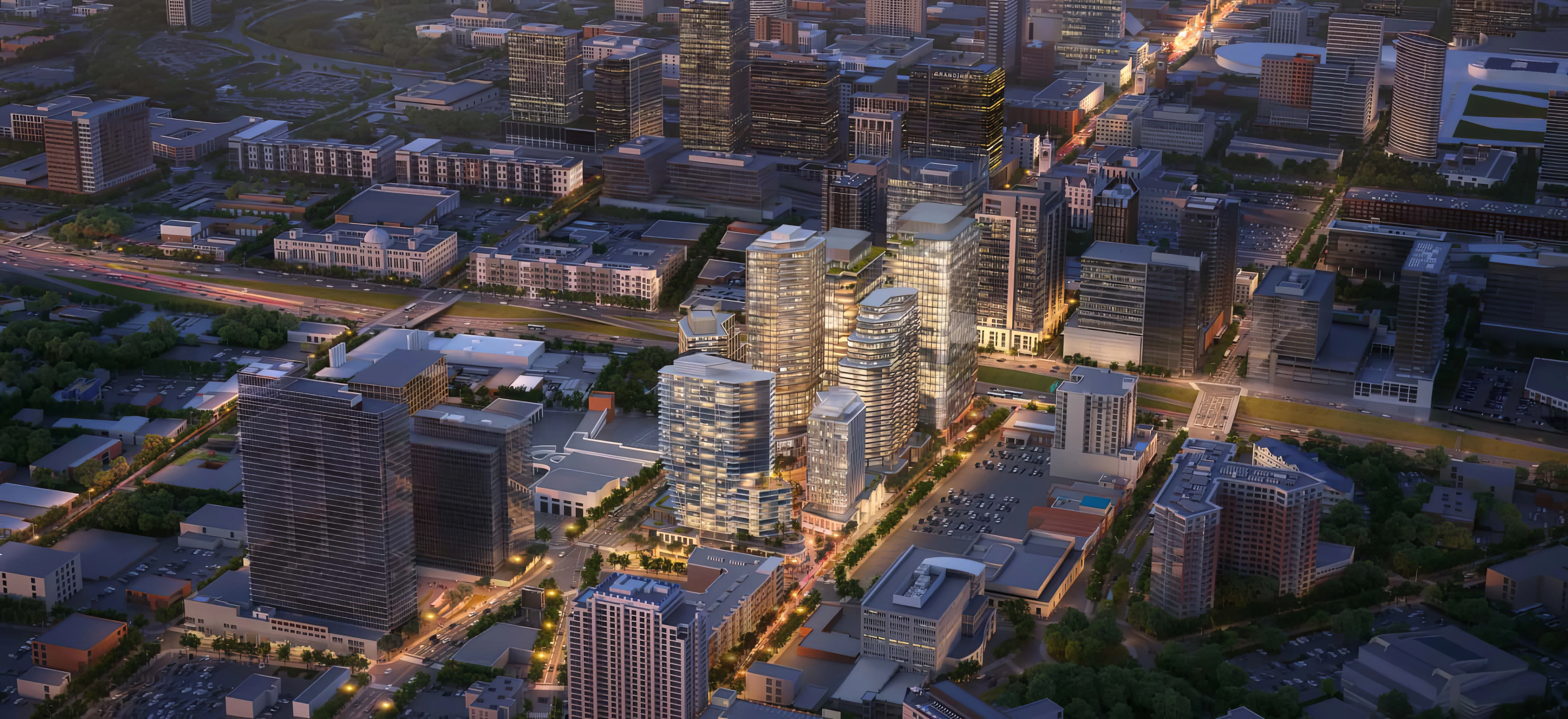 Renderings revealed for multi-tower Mid City Nashville, a new mixed-use development at the former Beaman Site, with new road connecting McGavock with Broadway