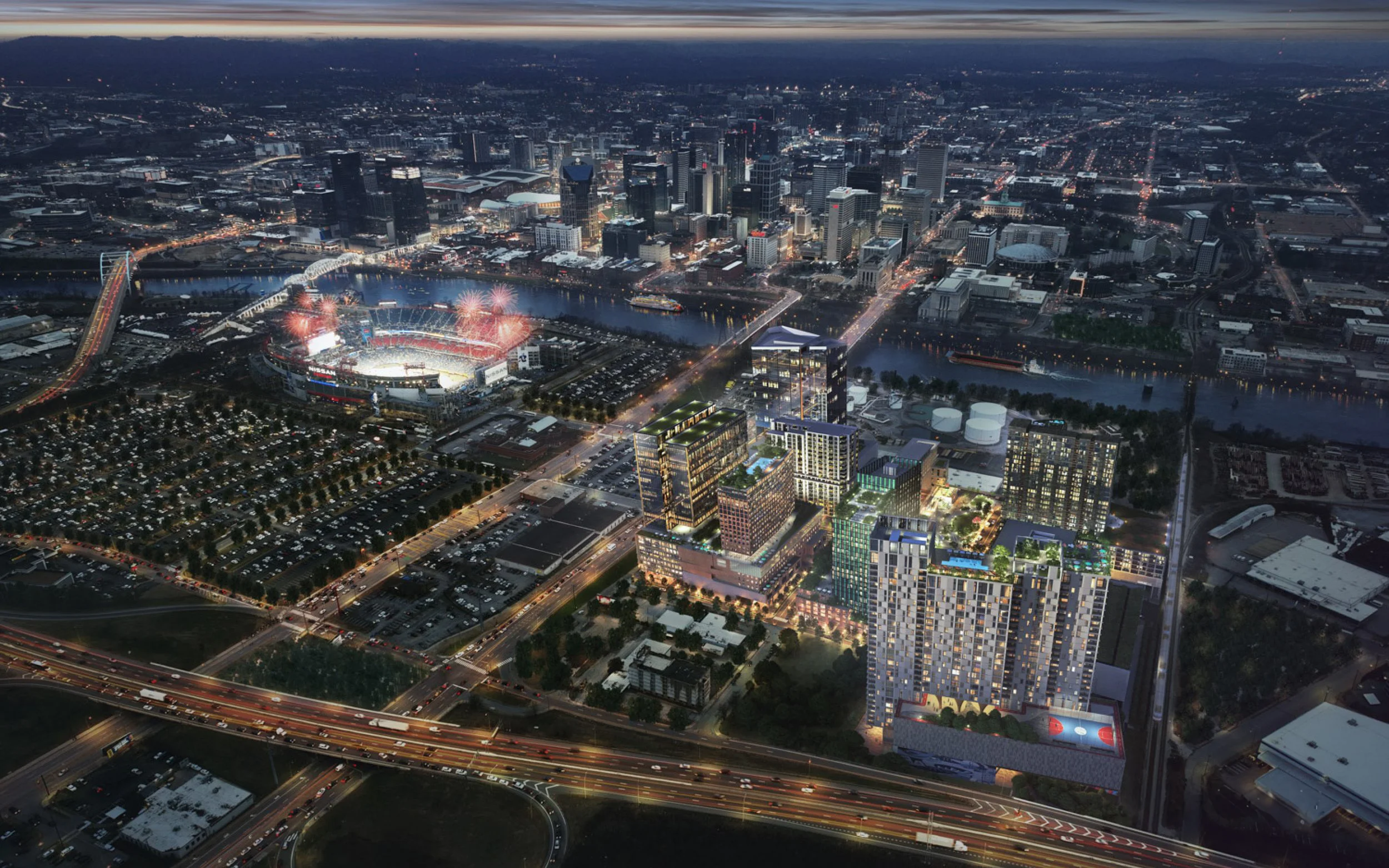 Station East, an 18-acre mixed-use development, aims to revitalize Nashville's East Bank into a second downtown with 1,400 residential units, offices, and 600 hotel rooms