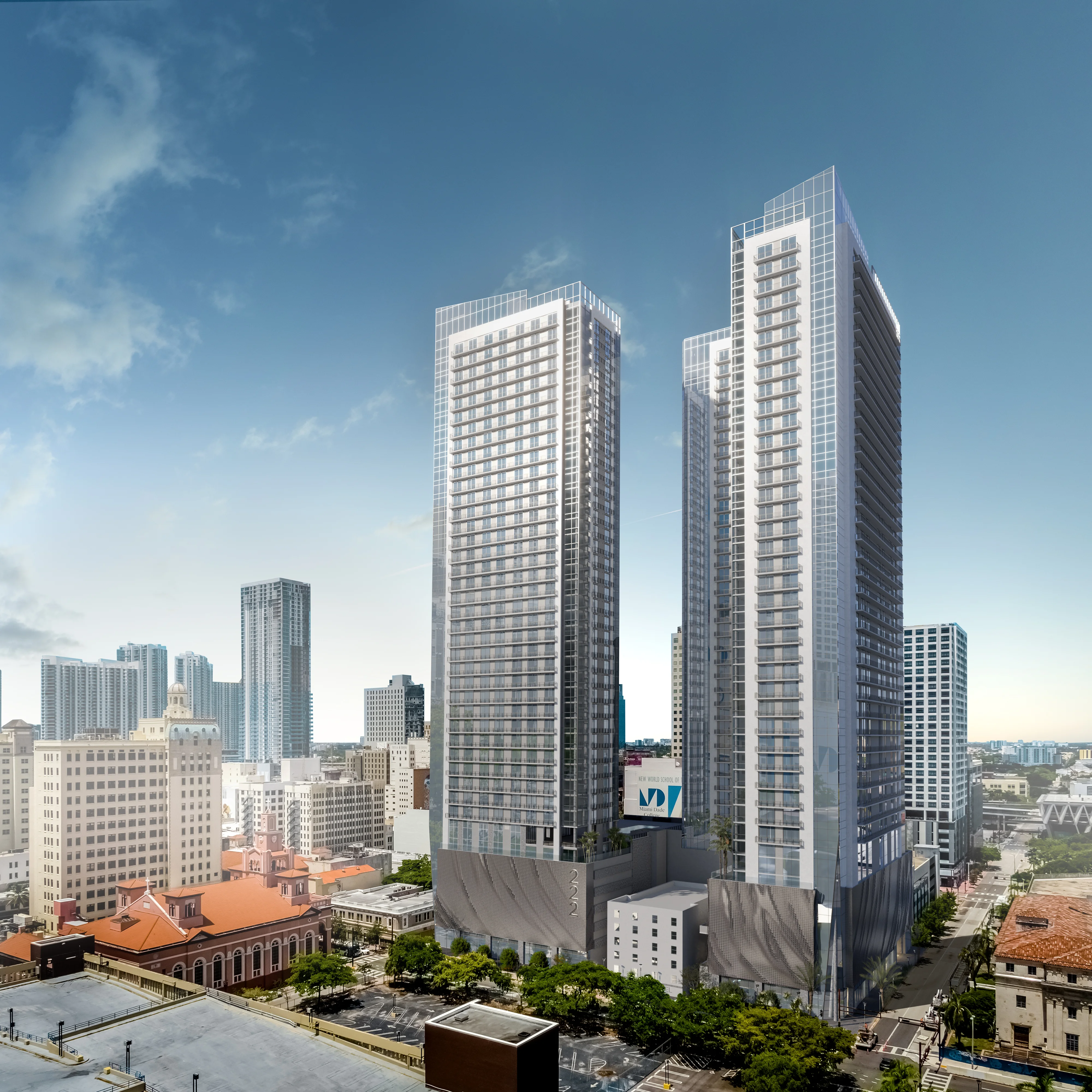 Two 43-story towers, referred to as 222 Namdar Towers, begin construction in Downtown Miami, spanning over1.3 million square feet with 1,394 residential units