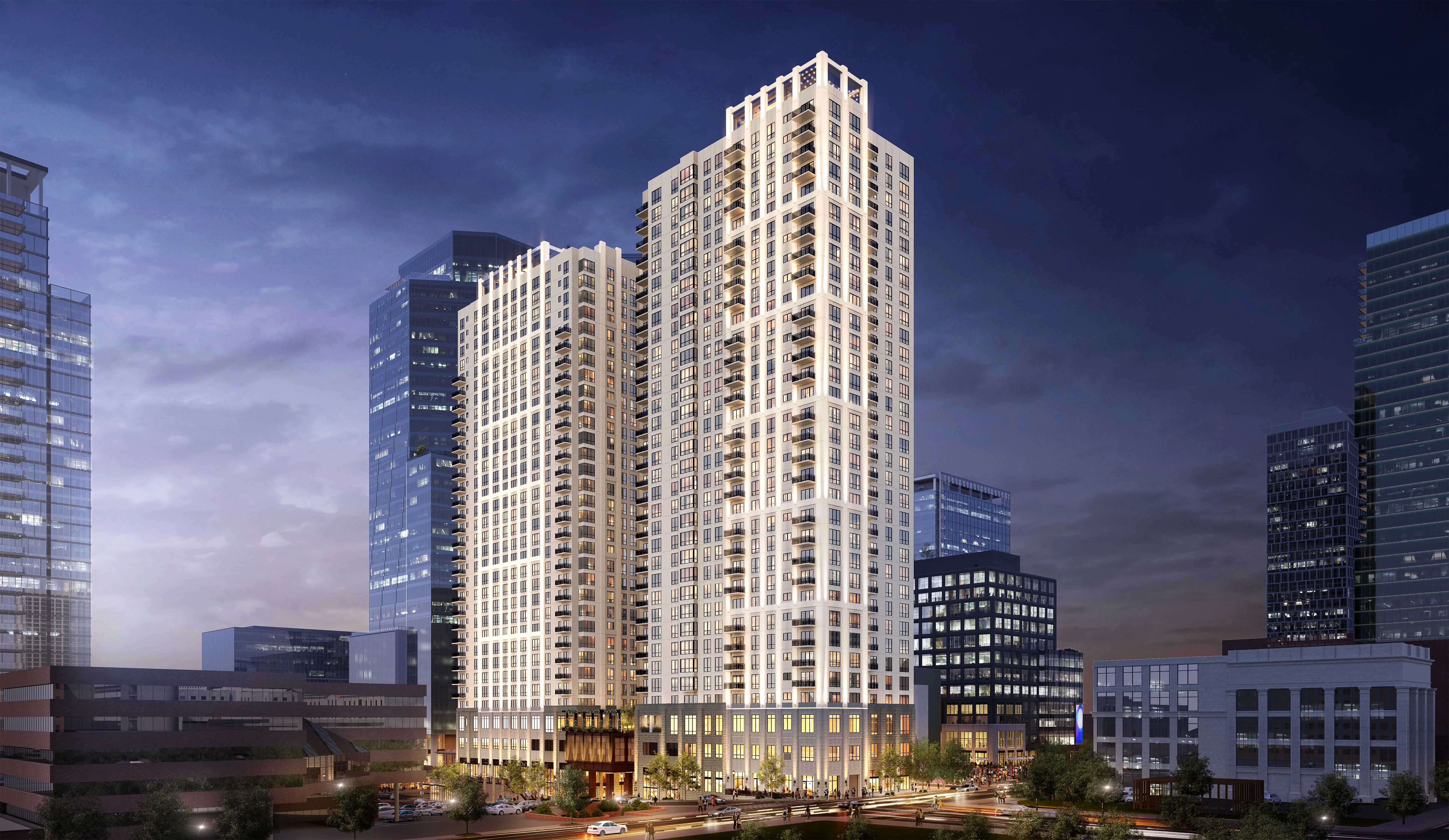 The Everett and The Emory residential towers to begin leasing this summer with move-ins expected to begin in November, featuring sky lounges and rooftop park