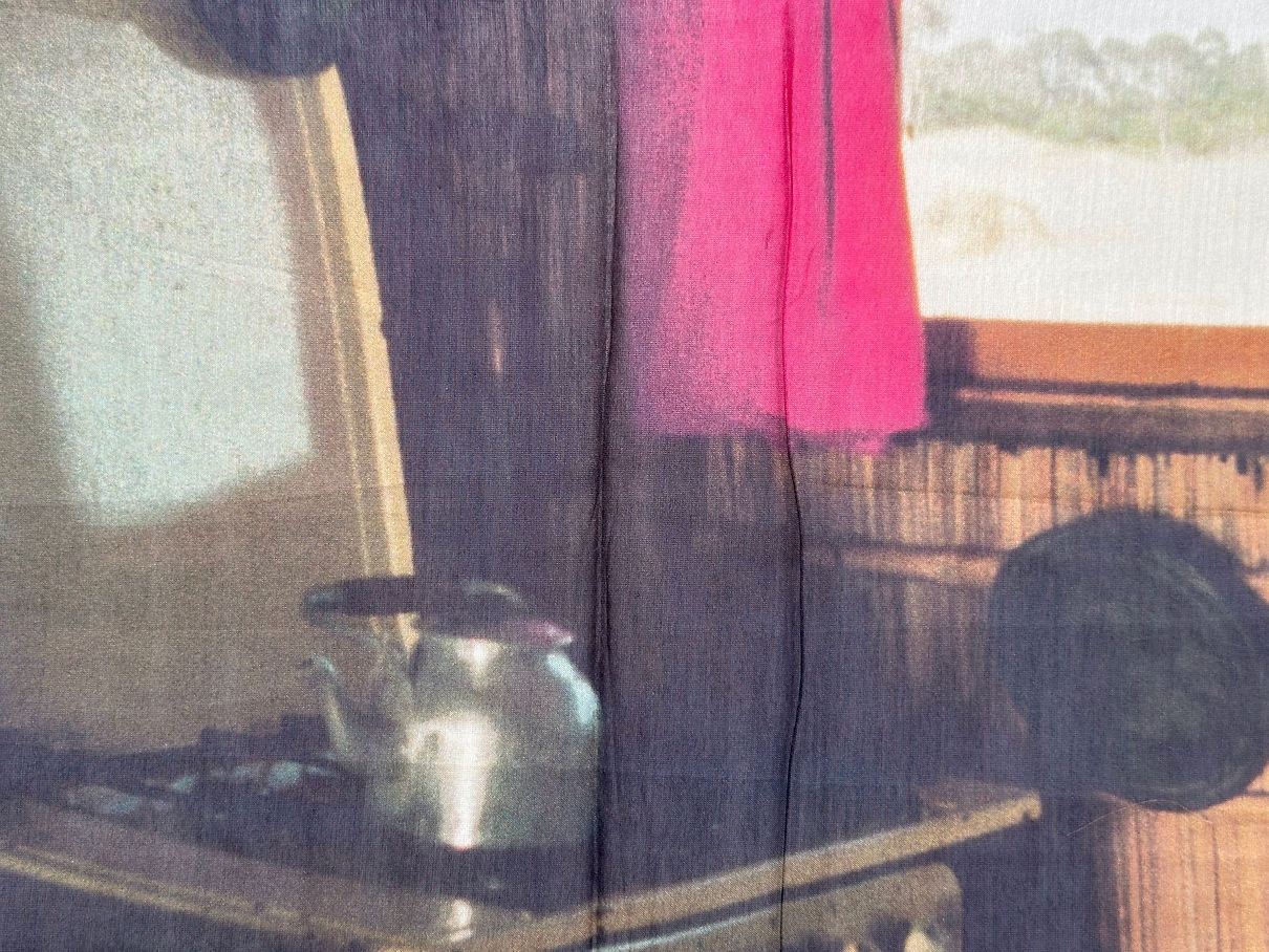 Pava (detail), 2022, video still printed on crystal voile cotton silk, 17.7 x 10.6 inches.