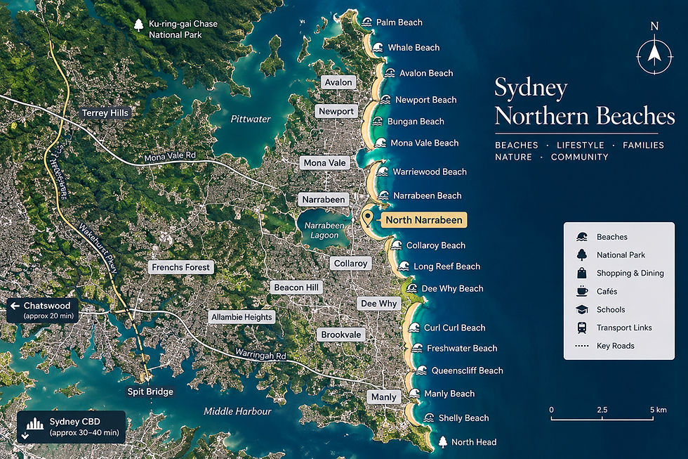Map of Sydney’s Northern Beaches showing Manly, Dee Why, Narrabeen, Mona Vale, Newport, Avalon and Frenchs Forest