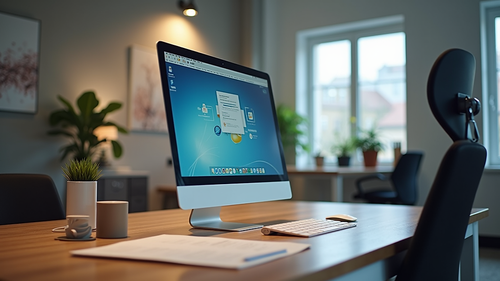Eye-level view of a modern office workspace with digital marketing tools