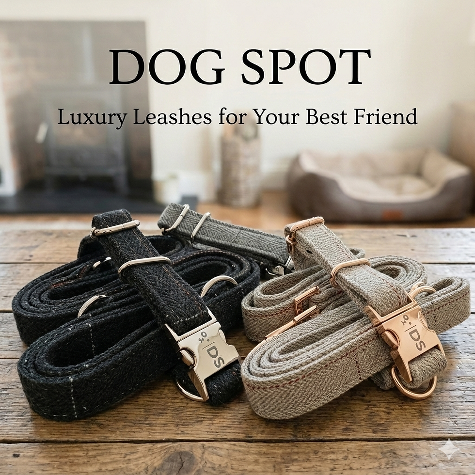 Eye-level view of a stylish dog collar and lead set on a wooden table