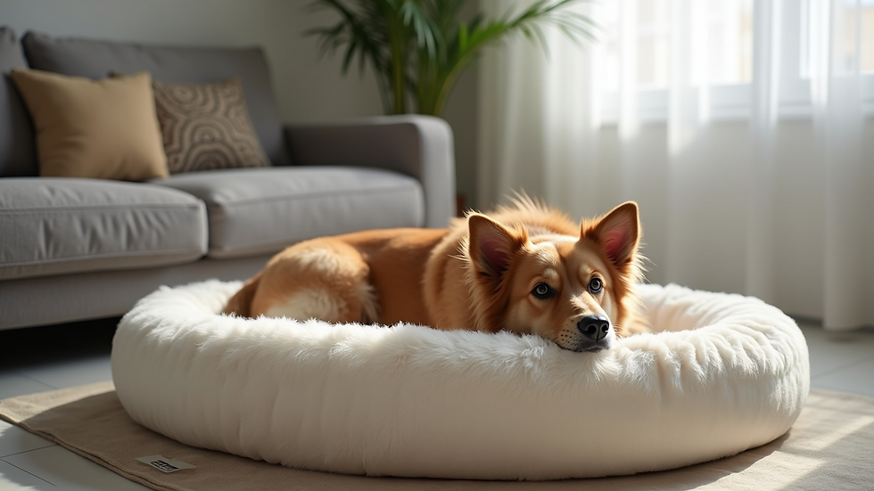 Close-up view of a designer pet bed with memory foam in a living room