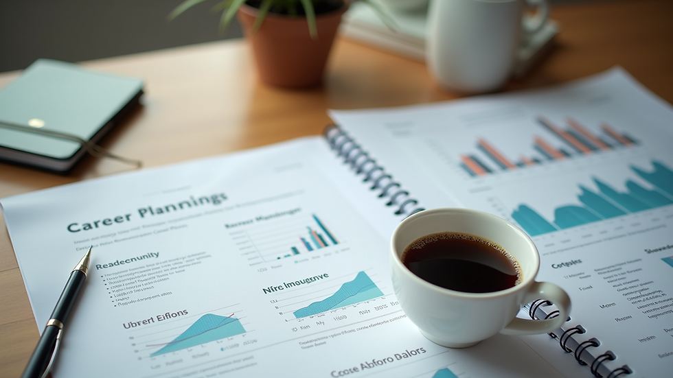 High angle view of a desk with career planning materials and a cup of coffee