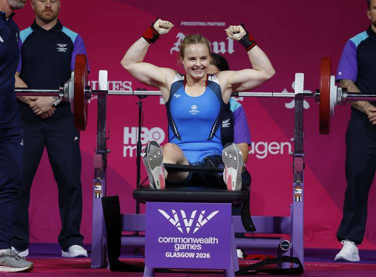Hope Gordon celebrating after her para powerlifting lift at the Glasgow 2026 Commonwealth Games, representing Team Scotland