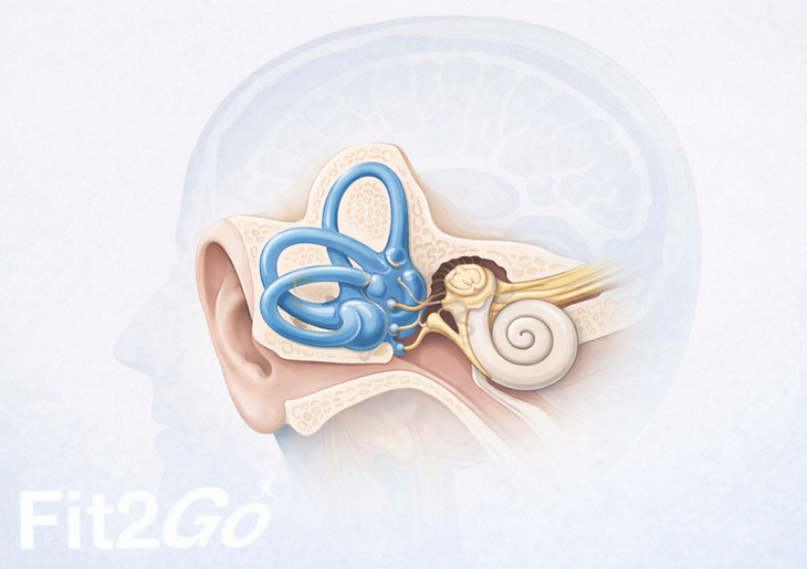 Medical illustration of the vestibular system showing the semicircular canals, cochlea and vestibular nerve, used to explain specialist assessment and diagnosis of dizziness and balance disorders.