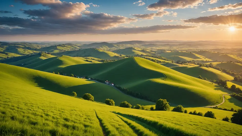 Eye-level view of a large vibrant landscape with rolling hills