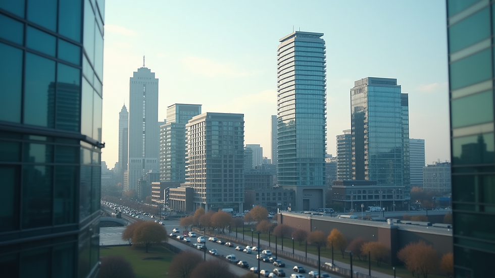 Close-up view of a modern UK city skyline with office buildings