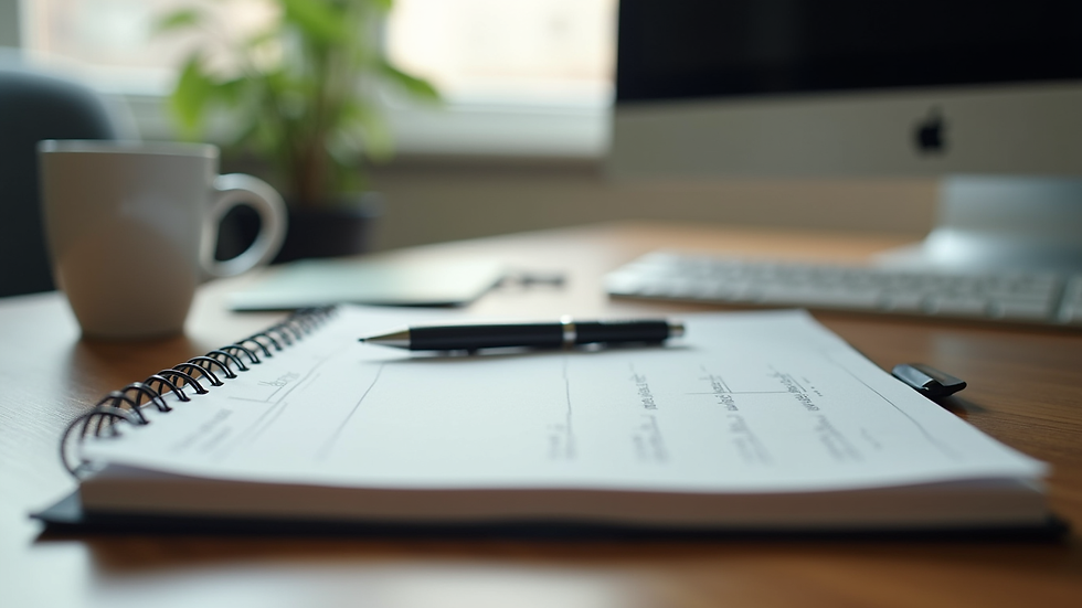 Eye-level view of a professional office desk with a notebook and pen