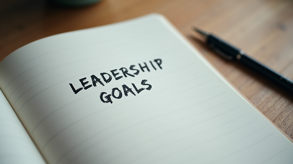 Close-up view of a notebook with leadership goals and a pen