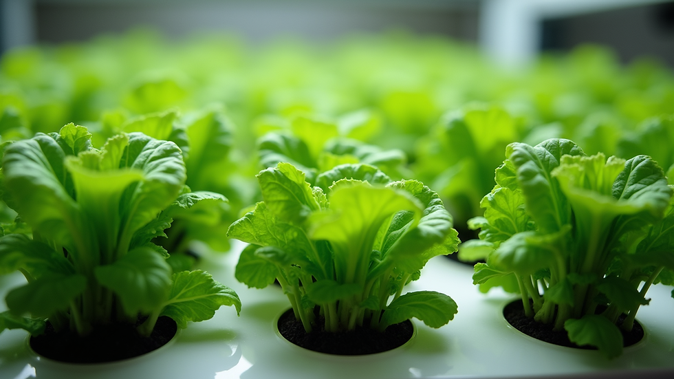 Close-up view of a small hydroponic setup with leafy greens growing