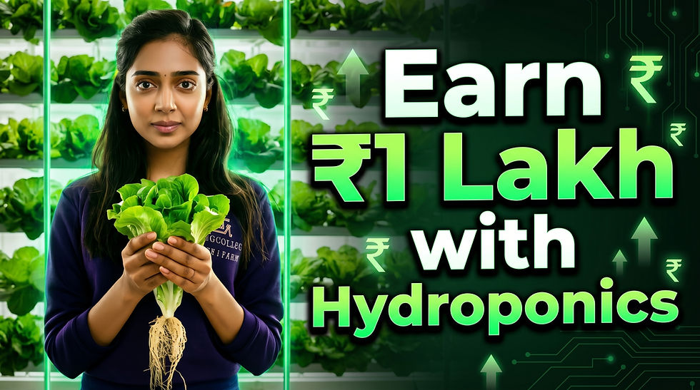 Woman holding fresh hydroponic lettuce in an indoor vertical farm with text “Earn ₹1 Lakh with Hydroponics”.