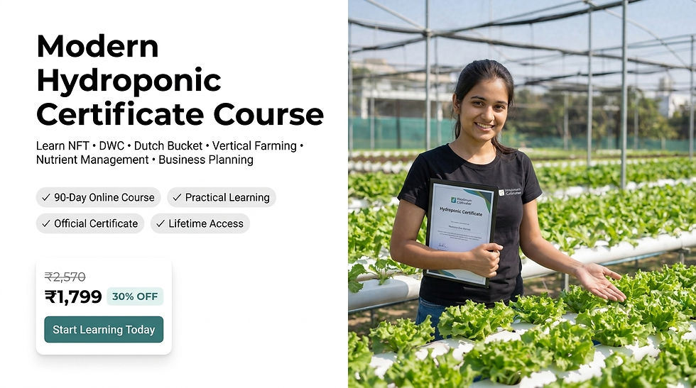 Woman holding a Hydroponic Certificate in a greenhouse beside text for Modern Hydroponic Certificate Course and ₹1,799 offer