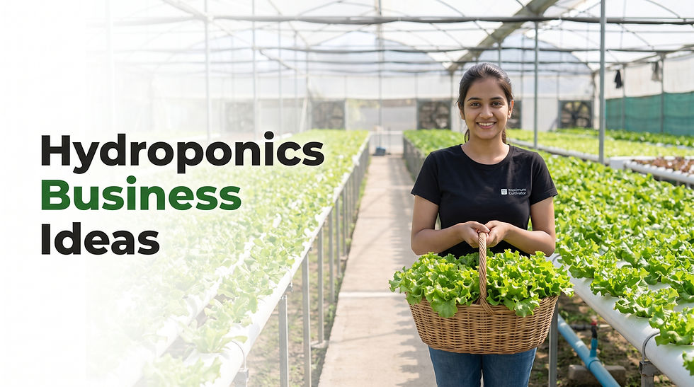 Smiling woman in a hydroponic greenhouse holding a basket of lettuce; text reads Hydroponics Business Ideas