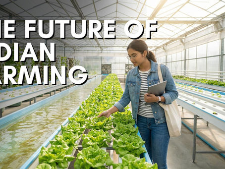 “Modern hydroponic farming in India with greenhouse cultivation and young farmer inspecting leafy greens in smart agriculture setup”