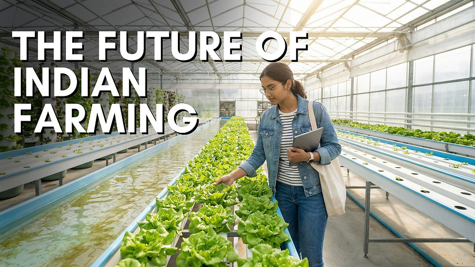 “Modern hydroponic farming in India with greenhouse cultivation and young farmer inspecting leafy greens in smart agriculture setup”