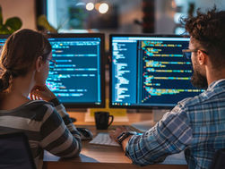 Two people at a desk focus on coding on dual monitors. Office setting, dimly lit with plants. Blue screens display colorful code.