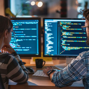 Two people at a desk focus on coding on dual monitors. Office setting, dimly lit with plants. Blue screens display colorful code.