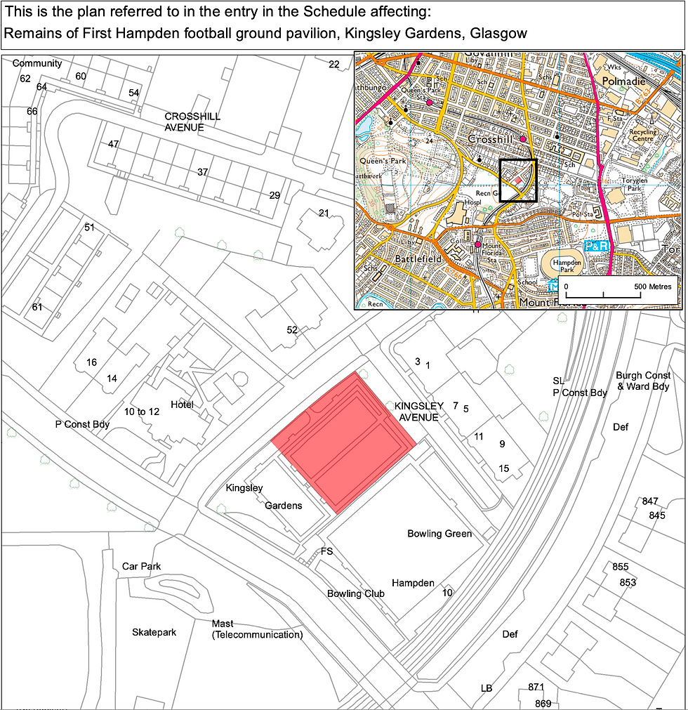 This map shows the area designated by Historic Environment Scotland, where the First Hampden Pavilion once stood from 1878 to 1883