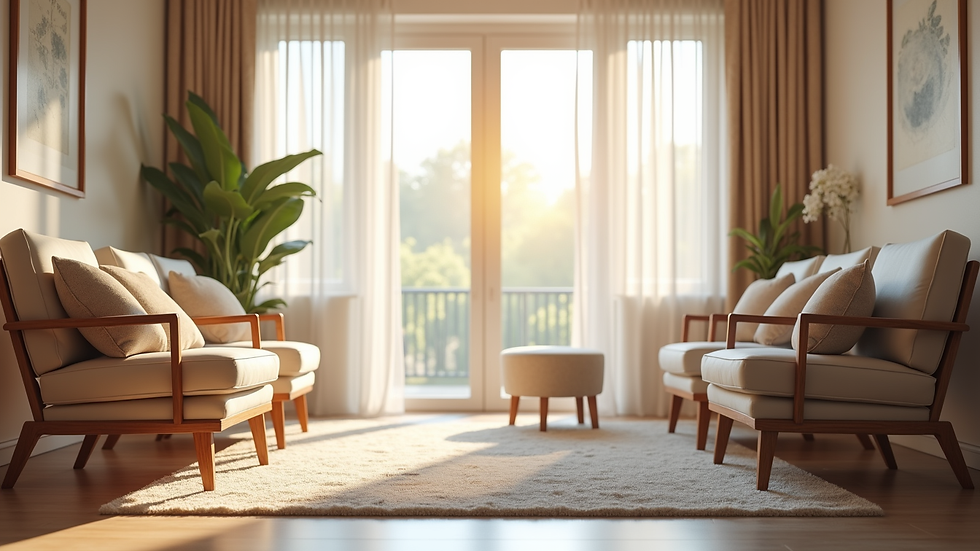 Eye-level view of a calm therapy room with comfortable chairs and soft lighting