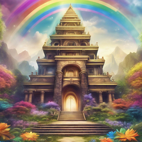 virtual area with a big house temple piramid in the middle of nature with flowers and rai