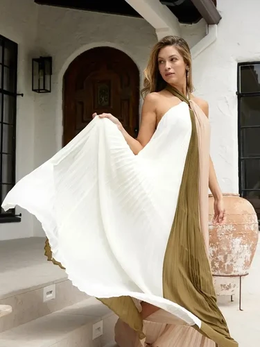 Halter Color Block Maxi Pleated Dress | Cynthia's Atelier