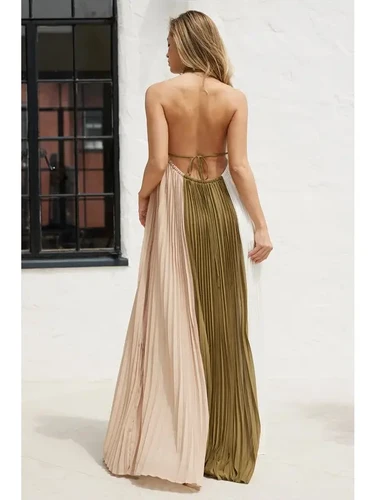 Halter Color Block Maxi Pleated Dress | Cynthia's Atelier