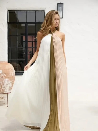 ❤️新品❤️Formentera Pleated Bicolor Dress Halter Color Block Maxi Pleated Dress | Cynthia's Atelier