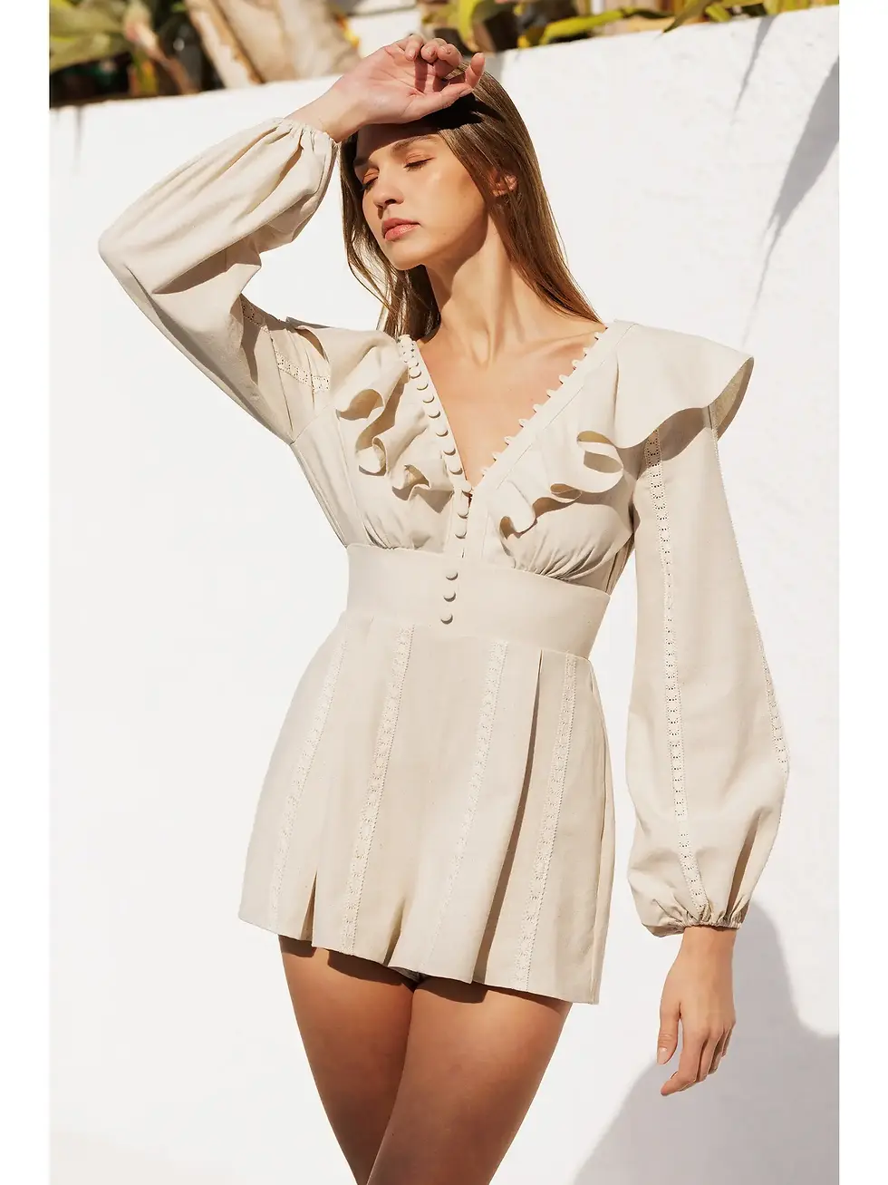 Thumbnail: Embroidered Button-Down Linen Long-Sleeve Romper