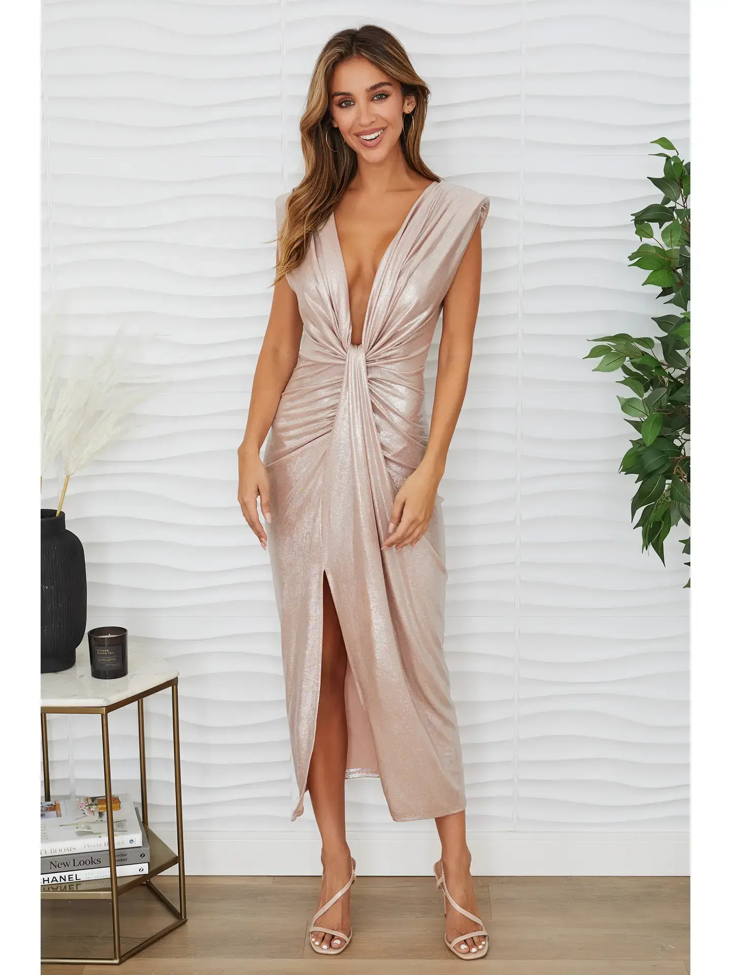 Milio Milano Metallic Deep V Maxi Dress