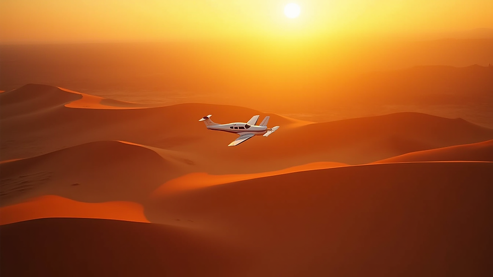Eye-level view of a private charter plane flying over the red dunes of Sossusvlei desert