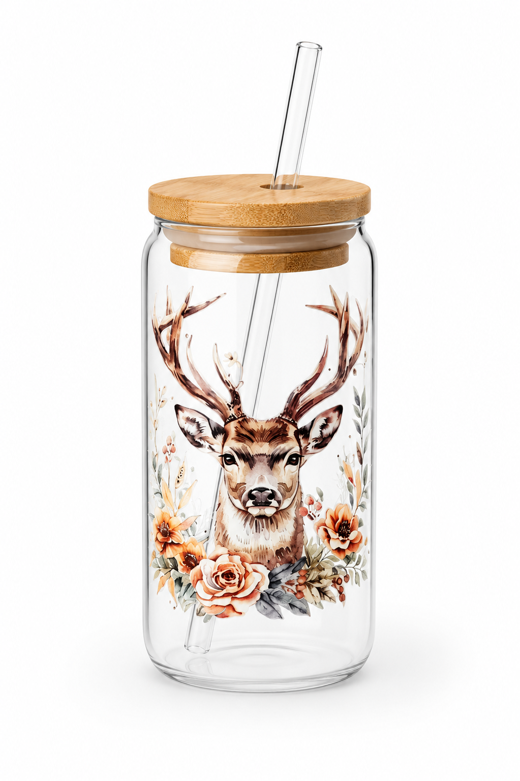 Authenticité – Gobelet en Verre Cerf Bohème avec Couvercle Bambou & Paille en Ve