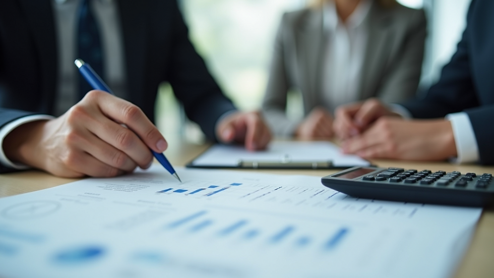 Close-up view of a negotiation meeting with legal documents and calculator