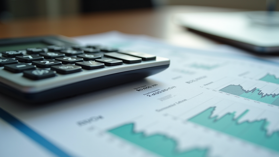 Close-up view of a calculator and financial documents on a desk