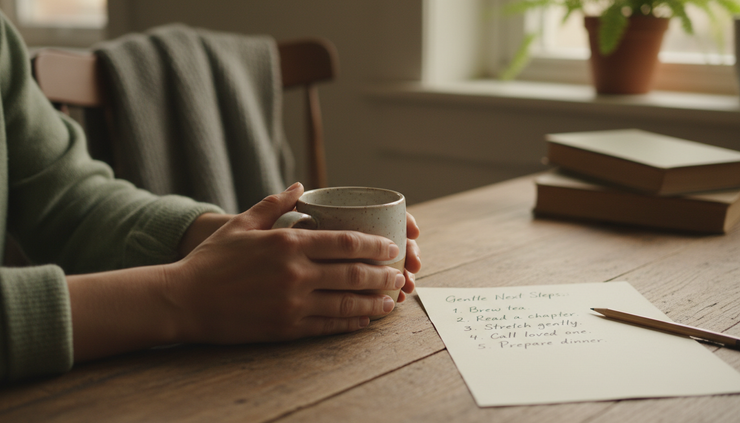 Close-up view of hands holding a warm mug beside a handwritten list of gentle next steps