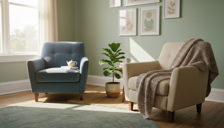 Medium shot of two comfortable chairs in a calm therapy room with a soft blanket and houseplant