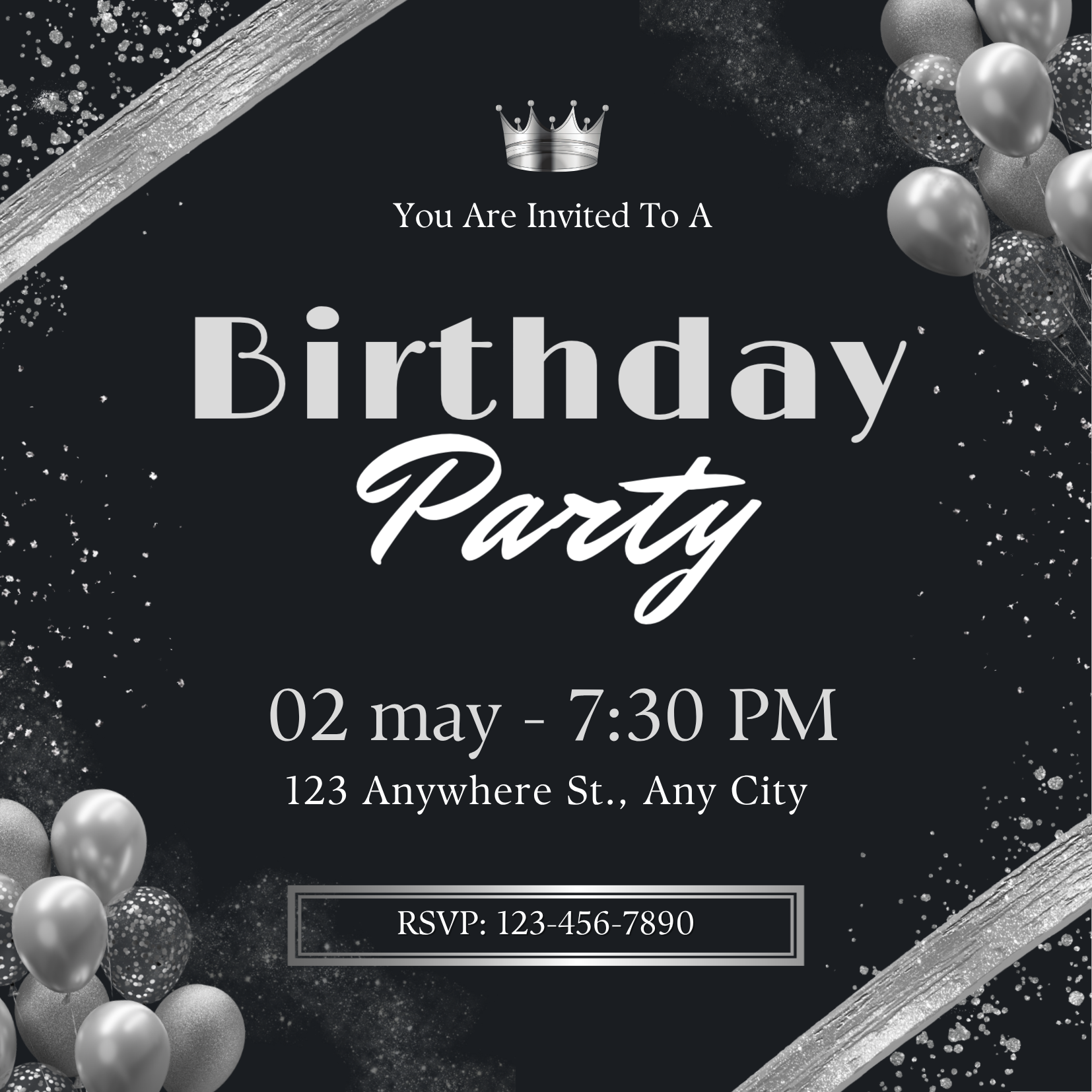 Black and Silver Elegant Opulent Birthday Party Invitation