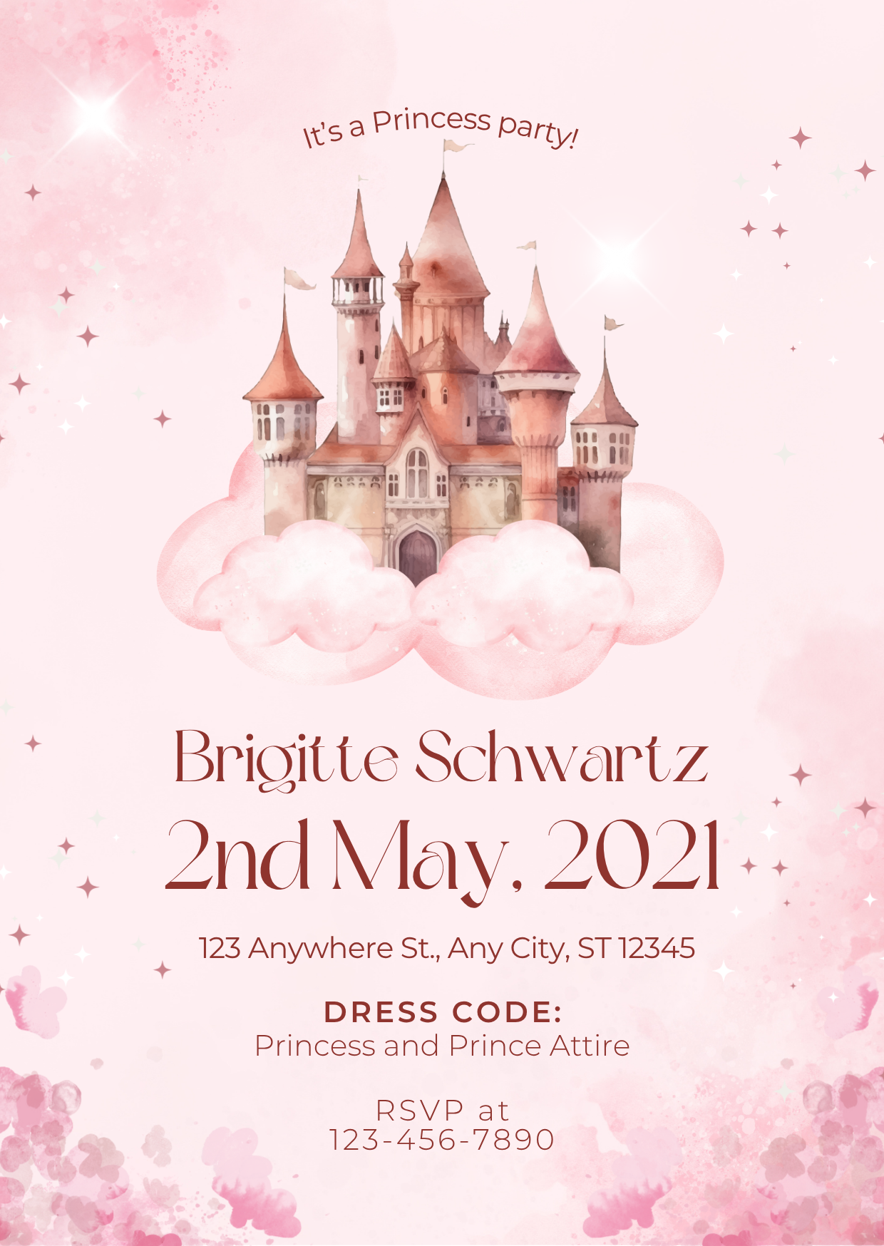 Pink Watercolor Illustrative Castle Cute Princess Birthday Invitation